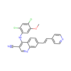 COc1cc(Nc2c(C#N)cnc3cc(/C=C/c4ccncc4)ccc23)c(Cl)cc1Cl ZINC000014945469