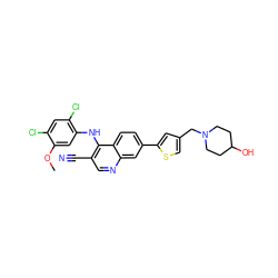 COc1cc(Nc2c(C#N)cnc3cc(-c4cc(CN5CCC(O)CC5)cs4)ccc23)c(Cl)cc1Cl ZINC000026150191