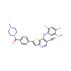 COc1cc(Nc2c(C#N)cnc3cc(-c4ccc(C(=O)N5CCN(C)CC5)cc4)sc23)c(Cl)cc1Cl ZINC000014945294