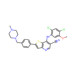 COc1cc(Nc2c(C#N)cnc3cc(-c4ccc(CN5CCN(C)CC5)cc4)sc23)c(Cl)cc1Cl ZINC000023254504