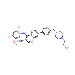 COc1cc(Nc2c(C#N)cnc3cc(-c4ccc(CN5CCN(CCO)CC5)cc4)ccc23)c(Cl)cc1Cl ZINC000023357931