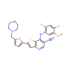 COc1cc(Nc2c(C#N)cnc3cc(-c4ccc(CN5CCNCC5)o4)sc23)c(Cl)cc1Cl ZINC000028525510