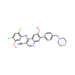 COc1cc(Nc2c(C#N)cnc3cc(-c4ccc(CN5CCOCC5)cc4)c(OC)cc23)c(Cl)cc1Cl ZINC000014945451