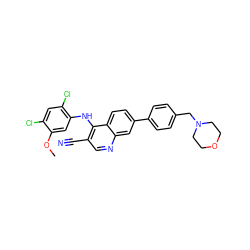 COc1cc(Nc2c(C#N)cnc3cc(-c4ccc(CN5CCOCC5)cc4)ccc23)c(Cl)cc1Cl ZINC000013819360