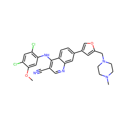 COc1cc(Nc2c(C#N)cnc3cc(-c4coc(CN5CCN(C)CC5)c4)ccc23)c(Cl)cc1Cl ZINC000023358242