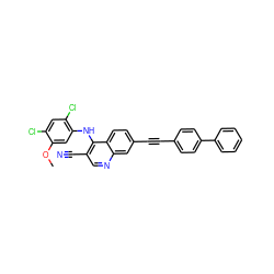 COc1cc(Nc2c(C#N)cnc3cc(C#Cc4ccc(-c5ccccc5)cc4)ccc23)c(Cl)cc1Cl ZINC000014945505