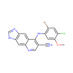 COc1cc(Nc2c(C#N)cnc3cc4[nH]cnc4cc23)c(Br)cc1Cl ZINC000013818531