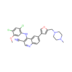 COc1cc(Nc2c(C#N)cnc3ccc(-c4coc(CN5CCN(C)CC5)c4)cc23)c(Cl)cc1Cl ZINC000023358260