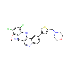 COc1cc(Nc2c(C#N)cnc3ccc(-c4csc(CN5CCOCC5)c4)cc23)c(Cl)cc1Cl ZINC000014945331