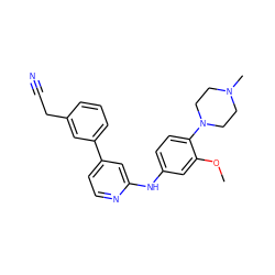 COc1cc(Nc2cc(-c3cccc(CC#N)c3)ccn2)ccc1N1CCN(C)CC1 ZINC000095598140