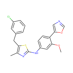 COc1cc(Nc2nc(C)c(Cc3cccc(Cl)c3)s2)ccc1-c1cnco1 ZINC000073157943