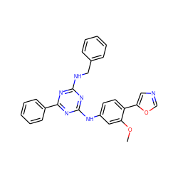 COc1cc(Nc2nc(NCc3ccccc3)nc(-c3ccccc3)n2)ccc1-c1cnco1 ZINC000013445155