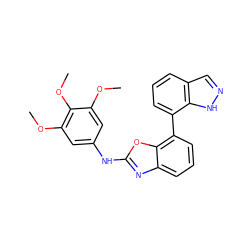 COc1cc(Nc2nc3cccc(-c4cccc5cn[nH]c45)c3o2)cc(OC)c1OC ZINC000169328960