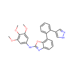 COc1cc(Nc2nc3cccc(-c4ccccc4-c4cn[nH]c4)c3o2)cc(OC)c1OC ZINC000169328957