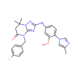 COc1cc(Nc2nc3n(n2)C(C)(C)CC(=O)N3Cc2ccc(F)cc2)ccc1-n1cnc(C)c1 ZINC000299835453