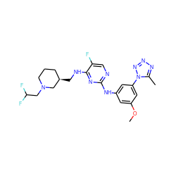 COc1cc(Nc2ncc(F)c(NC[C@@H]3CCCN(CC(F)F)C3)n2)cc(-n2nnnc2C)c1 ZINC000473135857