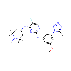 COc1cc(Nc2ncc(F)c(NC3CC(C)(C)N(C)C(C)(C)C3)n2)cc(-n2nnnc2C)c1 ZINC000204603834