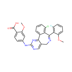 COc1cc(Nc2ncc3c(n2)-c2cccc(Cl)c2C(c2c(F)cccc2OC)=NC3)ccc1C(=O)O ZINC000261150054