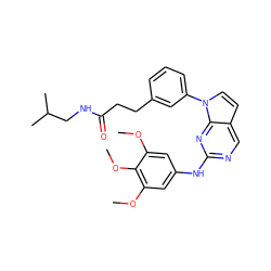 COc1cc(Nc2ncc3ccn(-c4cccc(CCC(=O)NCC(C)C)c4)c3n2)cc(OC)c1OC ZINC000036348714