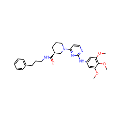 COc1cc(Nc2nccc(N3CCC[C@H](C(=O)NCCCc4ccccc4)C3)n2)cc(OC)c1OC ZINC000084596424