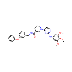 COc1cc(Nc2nccc(N3CCC[C@H](C(=O)NCc4cccc(Oc5ccccc5)c4)C3)n2)cc(OC)c1OC ZINC000084587158