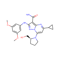 COc1cc(Nc2nn3c(N4CCC[C@H]4CO)cc(C4CC4)nc3c2C(N)=O)cc(OC)c1 ZINC000029123277