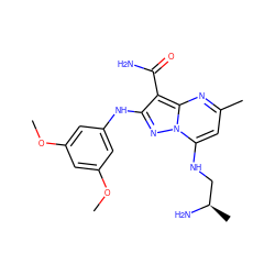 COc1cc(Nc2nn3c(NC[C@@H](C)N)cc(C)nc3c2C(N)=O)cc(OC)c1 ZINC000029063227