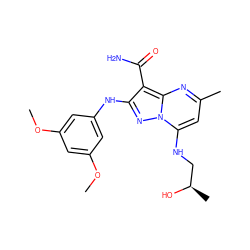 COc1cc(Nc2nn3c(NC[C@@H](C)O)cc(C)nc3c2C(N)=O)cc(OC)c1 ZINC000029123499