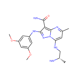 COc1cc(Nc2nn3c(NC[C@H](C)N)cc(C)nc3c2C(N)=O)cc(OC)c1 ZINC000029063082