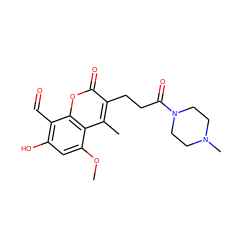 COc1cc(O)c(C=O)c2oc(=O)c(CCC(=O)N3CCN(C)CC3)c(C)c12 ZINC000220433706