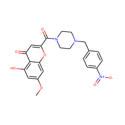 COc1cc(O)c2c(=O)cc(C(=O)N3CCN(Cc4ccc([N+](=O)[O-])cc4)CC3)oc2c1 ZINC000653795137