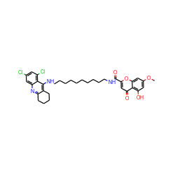 COc1cc(O)c2c(=O)cc(C(=O)NCCCCCCCCCCNc3c4c(nc5cc(Cl)cc(Cl)c35)CCCC4)oc2c1 ZINC000084596599