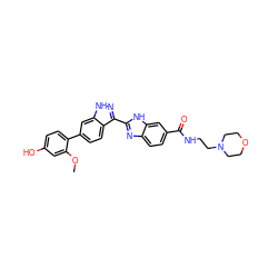 COc1cc(O)ccc1-c1ccc2c(-c3nc4ccc(C(=O)NCCN5CCOCC5)cc4[nH]3)n[nH]c2c1 ZINC000167069073