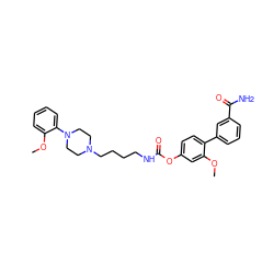 COc1cc(OC(=O)NCCCCN2CCN(c3ccccc3OC)CC2)ccc1-c1cccc(C(N)=O)c1 ZINC000223219747