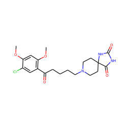 COc1cc(OC)c(C(=O)CCCCN2CCC3(CC2)NC(=O)NC3=O)cc1Cl ZINC000026647110