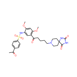 COc1cc(OC)c(C(=O)CCCCN2CCC3(CC2)NC(=O)NC3=O)cc1NS(=O)(=O)c1ccc(C(C)=O)cc1 ZINC000026637286