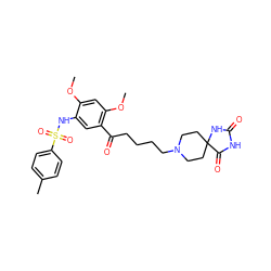 COc1cc(OC)c(C(=O)CCCCN2CCC3(CC2)NC(=O)NC3=O)cc1NS(=O)(=O)c1ccc(C)cc1 ZINC000026648279