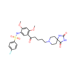 COc1cc(OC)c(C(=O)CCCCN2CCC3(CC2)NC(=O)NC3=O)cc1NS(=O)(=O)c1ccc(F)cc1 ZINC000026652708