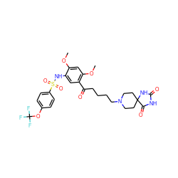 COc1cc(OC)c(C(=O)CCCCN2CCC3(CC2)NC(=O)NC3=O)cc1NS(=O)(=O)c1ccc(OC(F)(F)F)cc1 ZINC000026648273