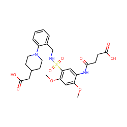 COc1cc(OC)c(S(=O)(=O)NCc2ccccc2N2CCC(CC(=O)O)CC2)cc1NC(=O)CCC(=O)O ZINC000073280263