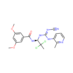 COc1cc(OC)cc(C(=O)N[C@@H](N/C(=N/C#N)Nc2cccnc2C)C(C)(Cl)Cl)c1 ZINC000040421892