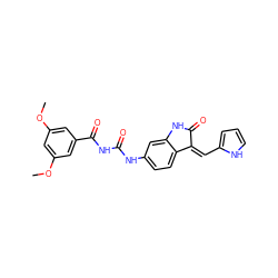 COc1cc(OC)cc(C(=O)NC(=O)Nc2ccc3c(c2)NC(=O)/C3=C\c2ccc[nH]2)c1 ZINC000205828138