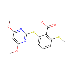 COc1cc(OC)nc(Sc2cccc(SC)c2C(=O)O)n1 ZINC000103188535