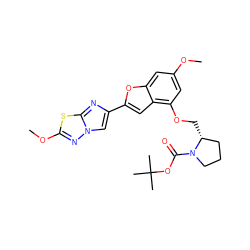 COc1cc(OC[C@@H]2CCCN2C(=O)OC(C)(C)C)c2cc(-c3cn4nc(OC)sc4n3)oc2c1 ZINC000653775387