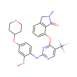 COc1cc(OC2CCOCC2)ccc1Nc1ncc(C(F)(F)F)c(Oc2cccc3c2C(=O)N(C)C3)n1 ZINC000146003821