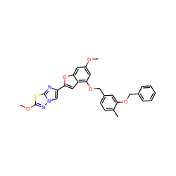 COc1cc(OCc2ccc(C)c(OCc3ccccc3)c2)c2cc(-c3cn4nc(OC)sc4n3)oc2c1 ZINC000653760515