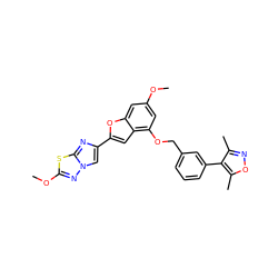 COc1cc(OCc2cccc(-c3c(C)noc3C)c2)c2cc(-c3cn4nc(OC)sc4n3)oc2c1 ZINC000205743690