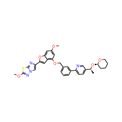 COc1cc(OCc2cccc(-c3ccc([C@H](C)O[C@@H]4CCCCO4)cn3)c2)c2cc(-c3cn4nc(OC)sc4n3)oc2c1 ZINC000205714262