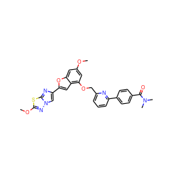 COc1cc(OCc2cccc(-c3ccc(C(=O)N(C)C)cc3)n2)c2cc(-c3cn4nc(OC)sc4n3)oc2c1 ZINC000144519627