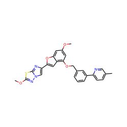 COc1cc(OCc2cccc(-c3ccc(C)cn3)c2)c2cc(-c3cn4nc(OC)sc4n3)oc2c1 ZINC000144517708